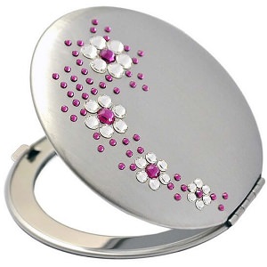 Lommespejl med magenta og hvid Swarovski krystaller